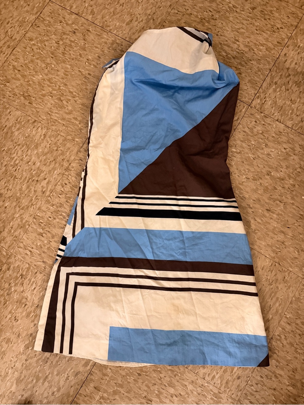 Zara Strapless Geometric Print Dress in Blue, Brown & White